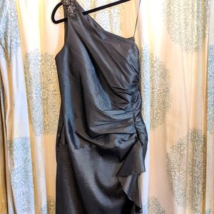 Special occasion beaded dress, shimmery silver rutched one shoulder sleeveless.